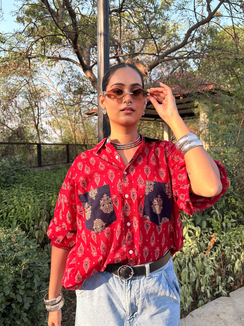 Crimson Red Ajrakh shirt (loose fit)