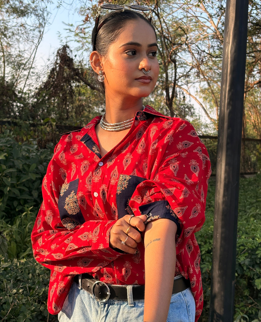 Crimson Red Ajrakh shirt (loose fit)